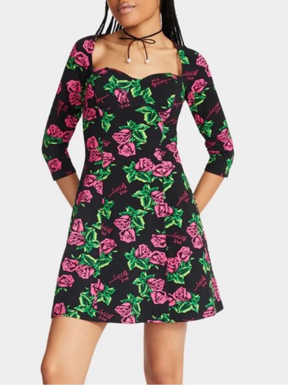 Betsey Johnson 80th Bash Graphic Rose Print Sweetheart Dress, Size S